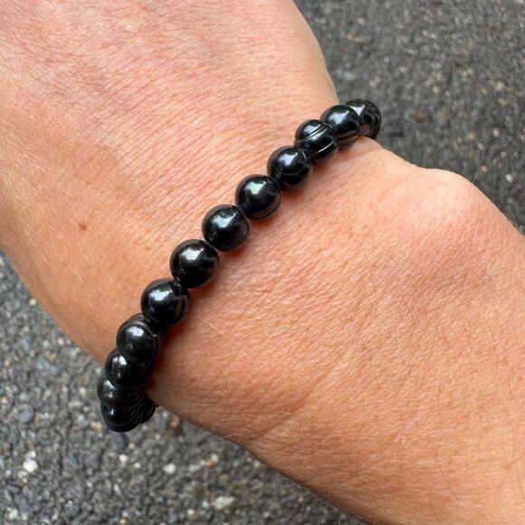 Vintage Honora Black Freshwater Pearl Stretch Bracelet, Round Ringed Iridescent - Picture 8 of 10